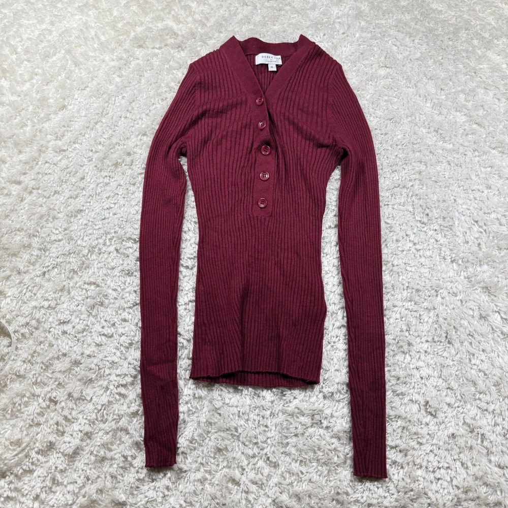 Derek Lam Collective Top Henley Sweater Medium Ribbed Knit Red Capsule Boho